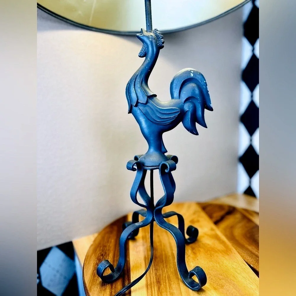 Wrought Iron Rooster Lamp French Country w/‎ Original Black Gold Shade Farmhouse